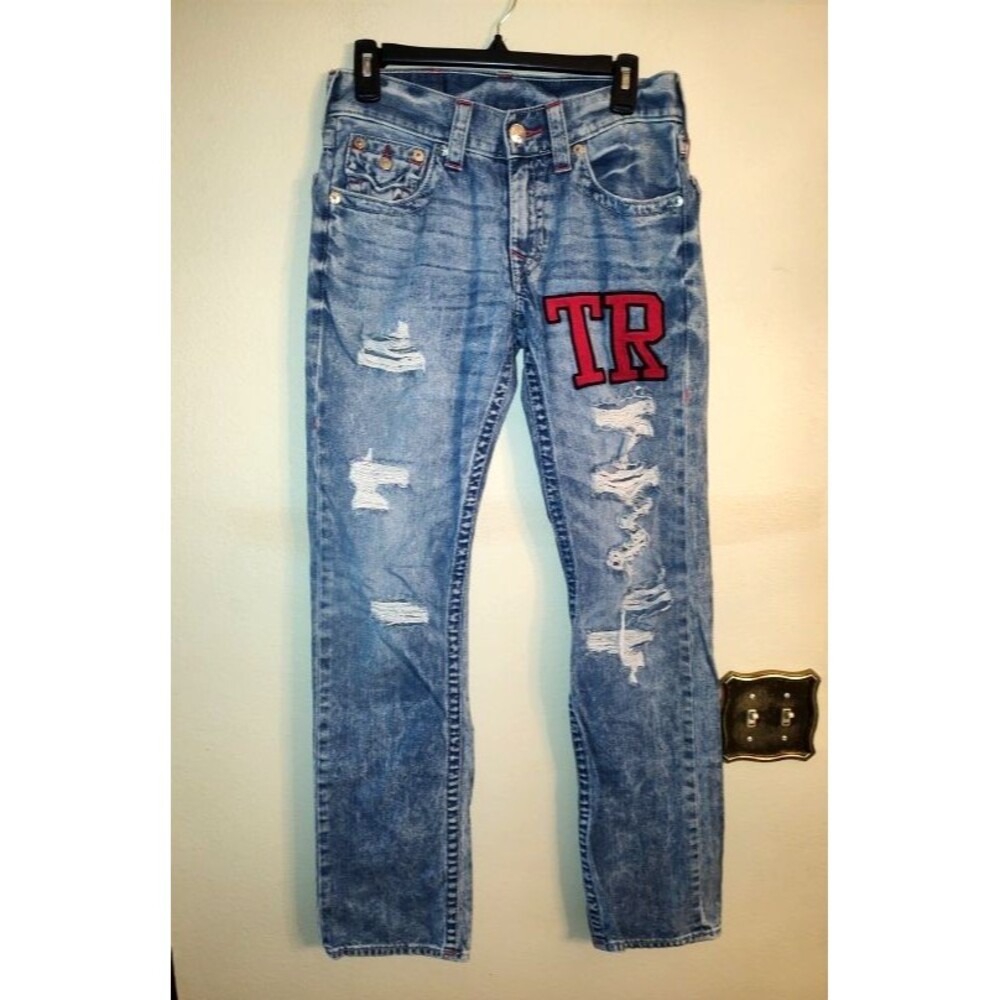 Rare Men's True Religion Huge Red Patch TR Ripped Look Jeans Size 29 RN # 112790